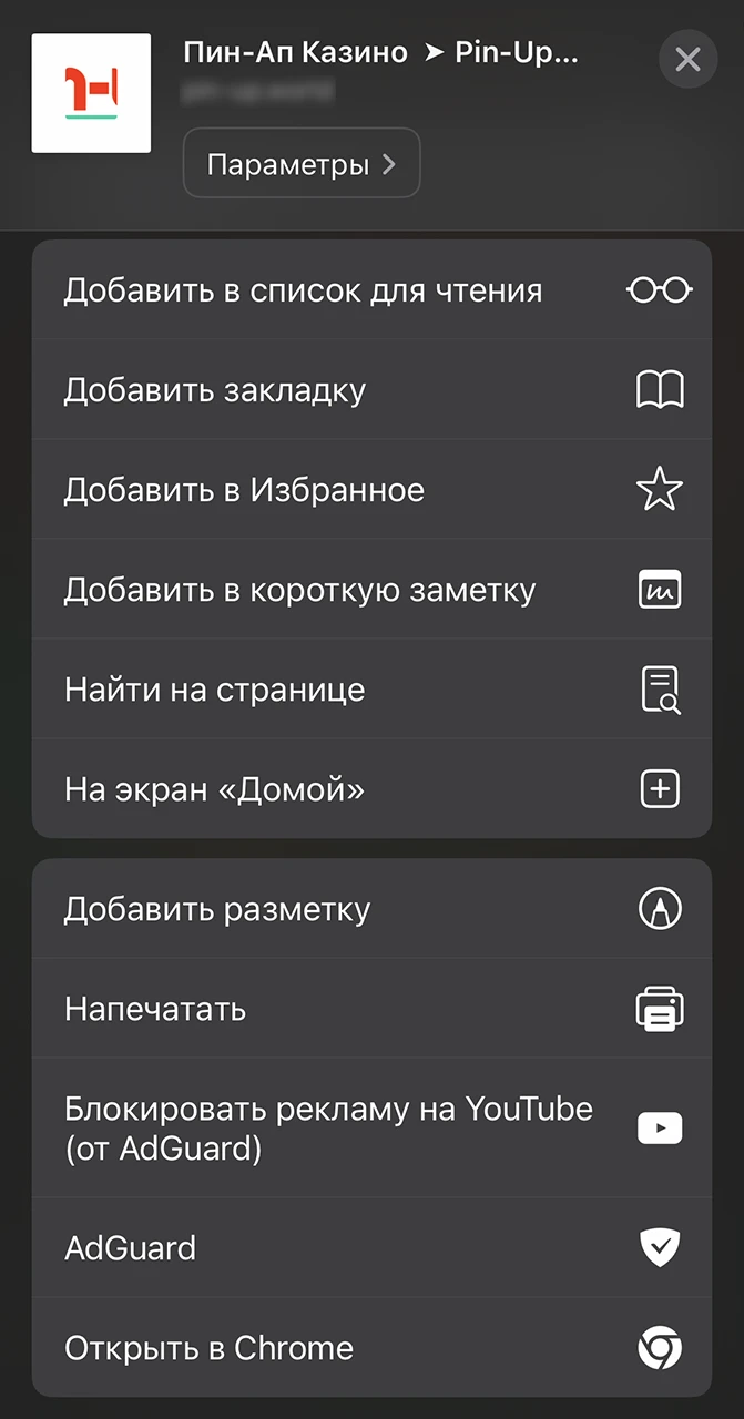 Запустите меню поделиться и выберите вкладку чтобы добавить приложение Pin Up на свое устройство.